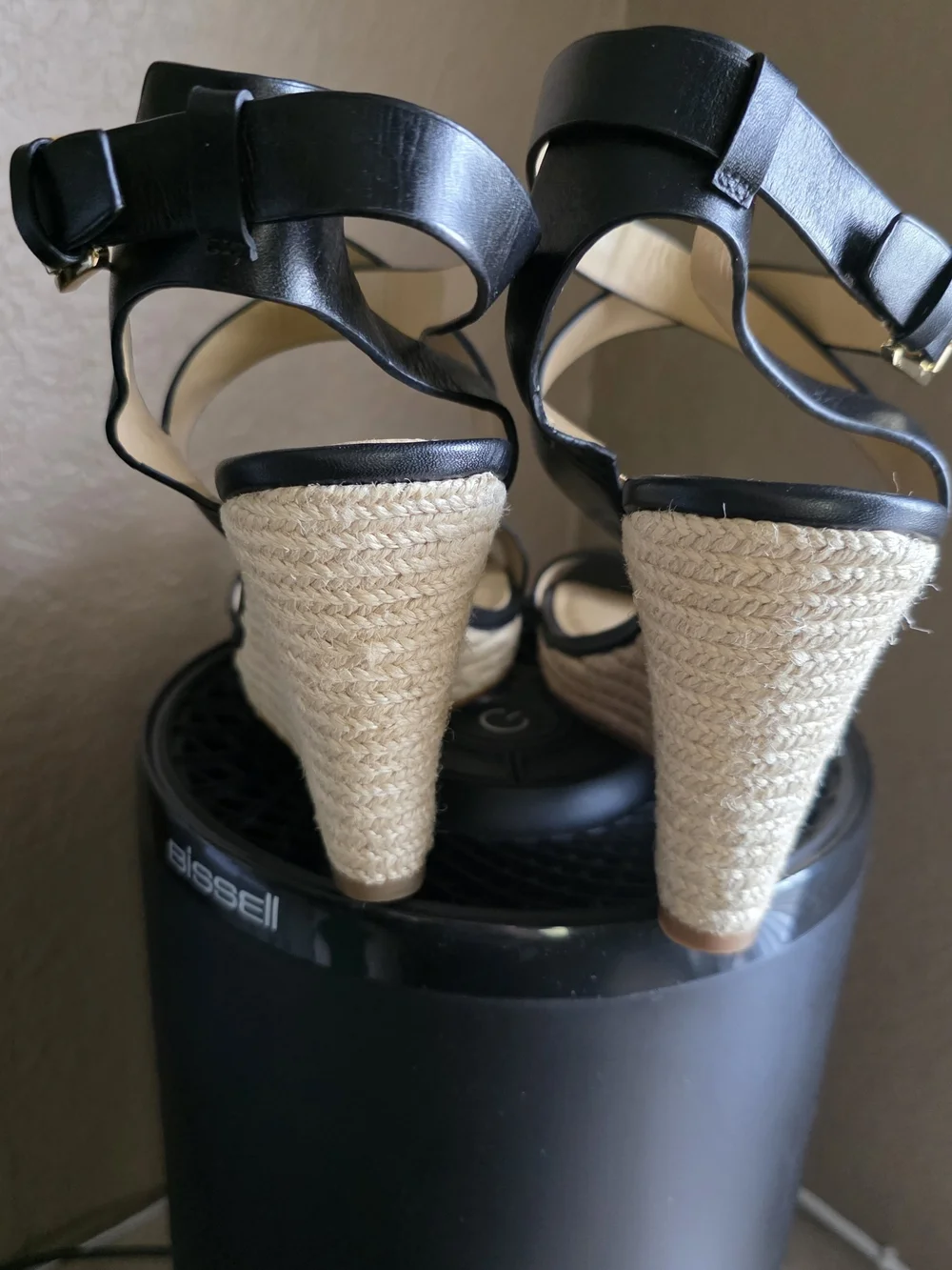 Michael Kors Black Crisscross Leather Wedge Sandals with Gold Buckles